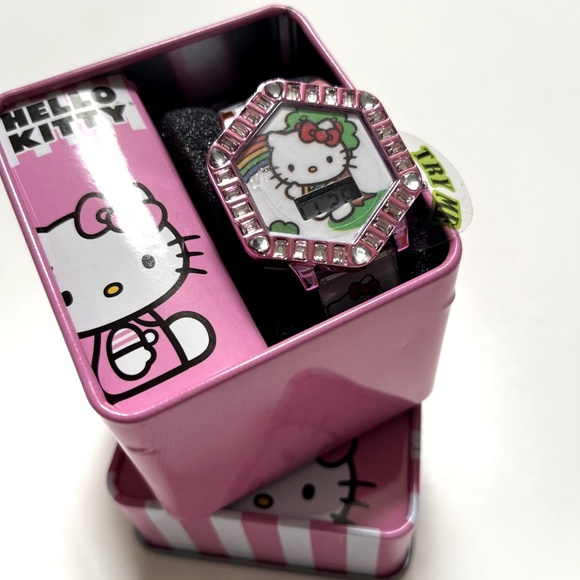 Hello Kitty Sanrio Digital Watch in Gift Tin Box Pink Rhinestone LCD Display NWT - Picture 3 of 4